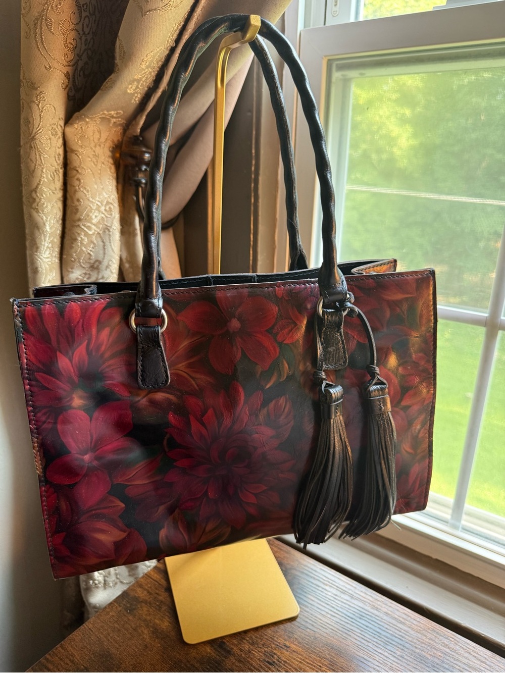 Patricia Nash Red Floral Leather Tote with Tassels